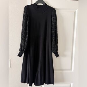 Nina Leonard Black Long-Sleeve A-Line Dress with Textured Puff Sleeves